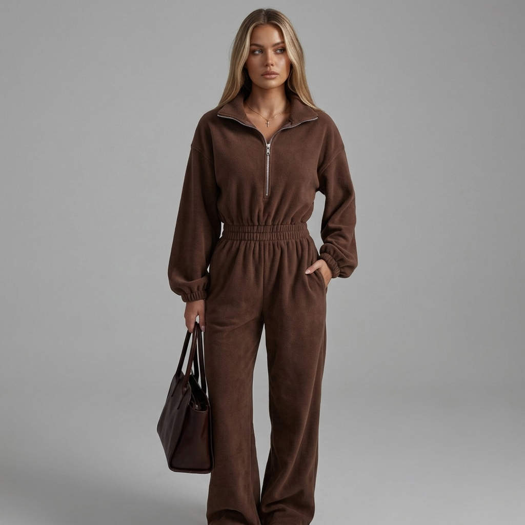 girlzhood Urban Silence Jumpsuit in Braun mit Half-Zip-Reißverschluss, elastischem Bund und weitem Bein