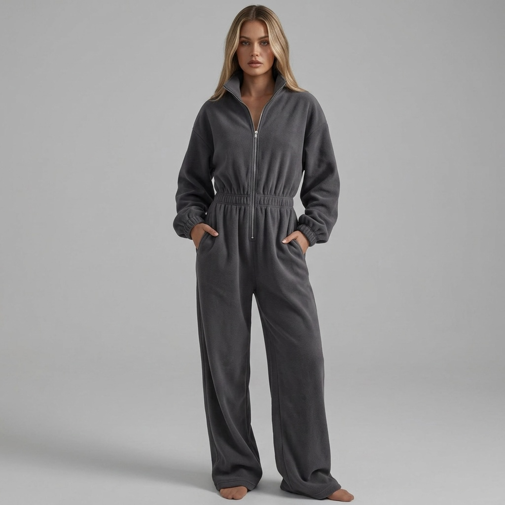 Model trägt girlzhood Urban Silence Jumpsuit in Anthrazit mit Half-Zip-Reißverschluss und weitem Bein aus Fleece.
