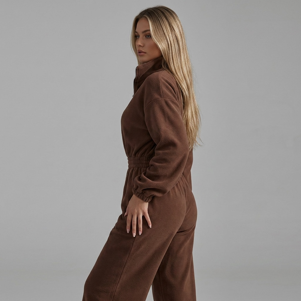 girlzhood Urban Silence Jumpsuit in Braun mit Half-Zip-Reißverschluss und elastischem Bund in Seitenansicht