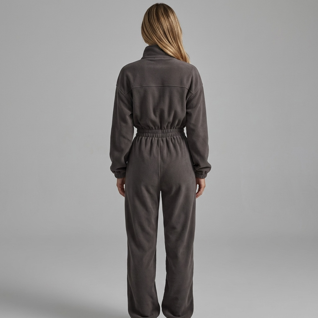 Rückansicht des girlzhood Urban Silence Jumpsuits in Dunkelgrau mit elastischem Bund und Stehkragen