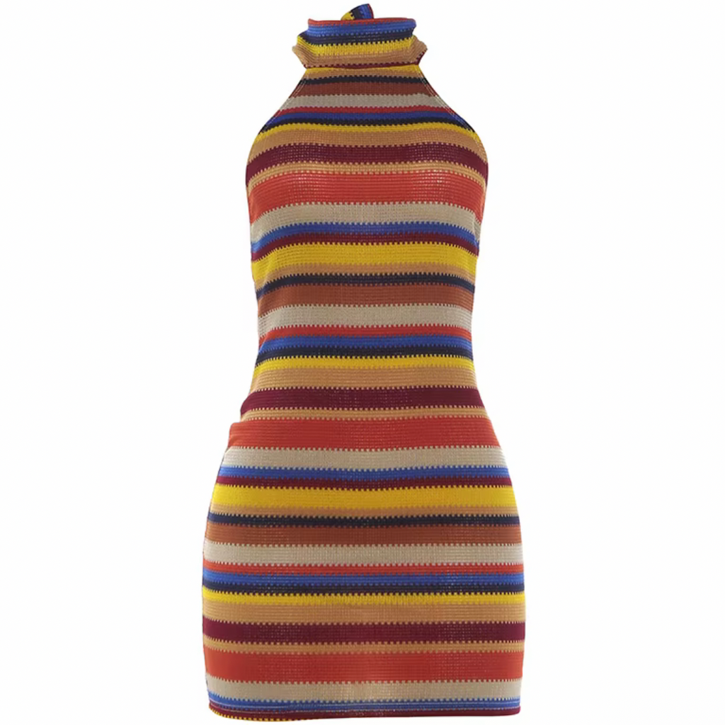 girlzhood Valencia Minikleid mit buntem Streifenmuster, Neckholder-Ausschnitt und figurbetontem Strickmaterial