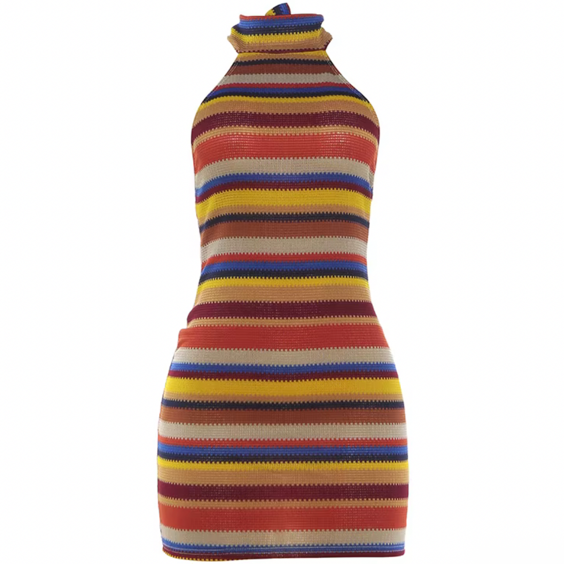 girlzhood Valencia Minikleid mit buntem Streifenmuster, Neckholder-Ausschnitt und figurbetontem Strickmaterial