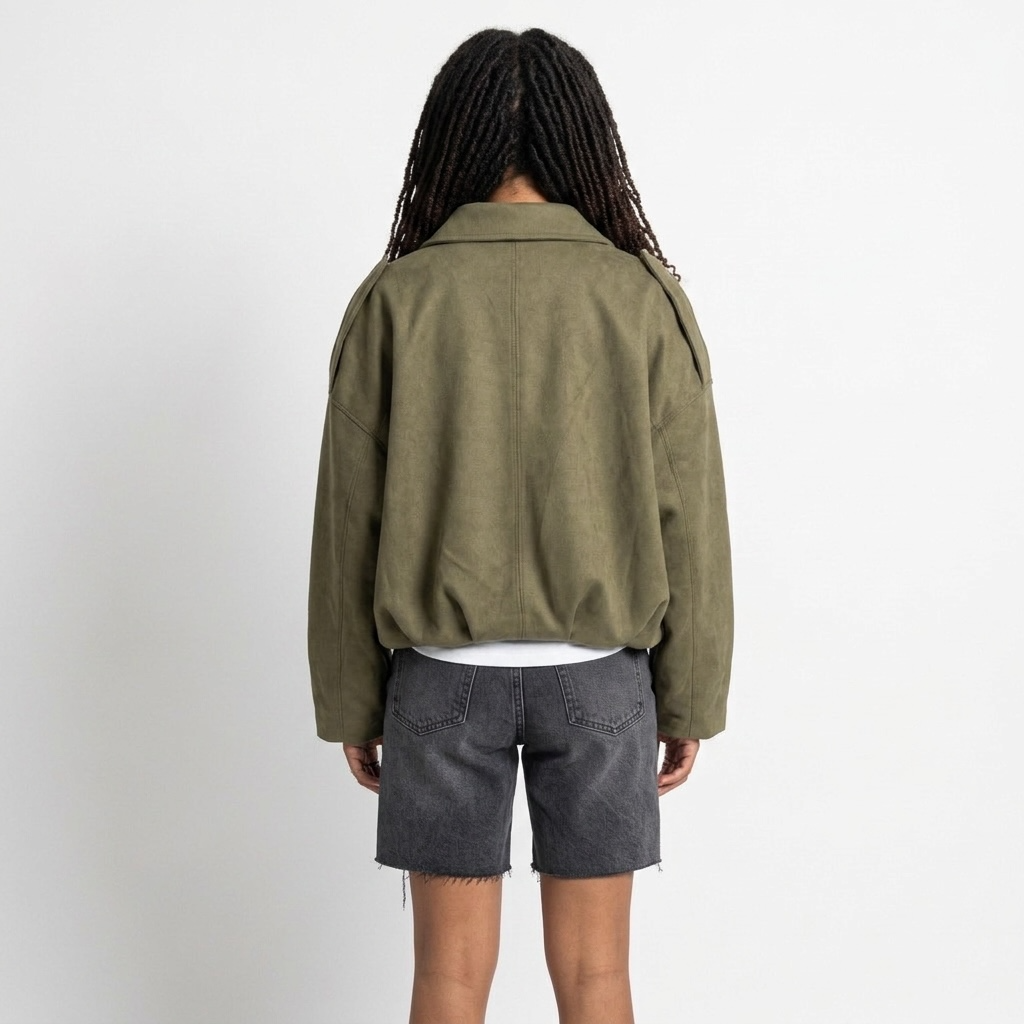 Rückansicht der girlzhood Valira Jacke in Army Green mit Oversized-Passform und strukturierten Schultern