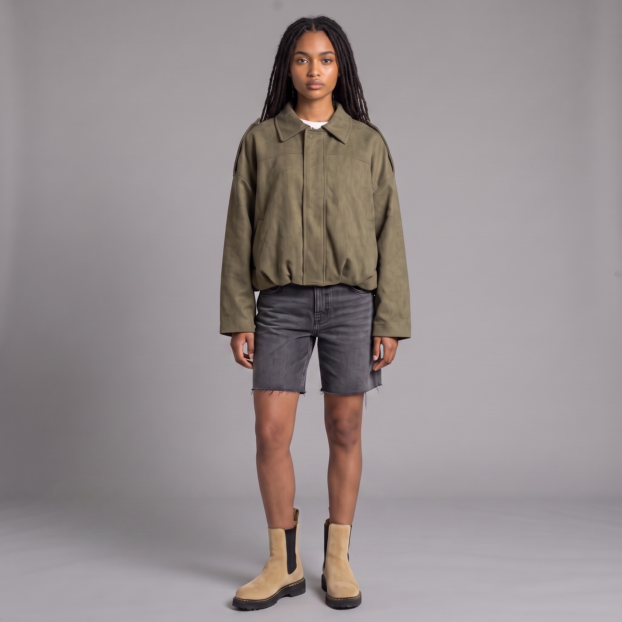 Model trägt die girlzhood Valira Jacke in Army Green mit Oversized-Passform, Umlegekragen und robustem Zipper.
