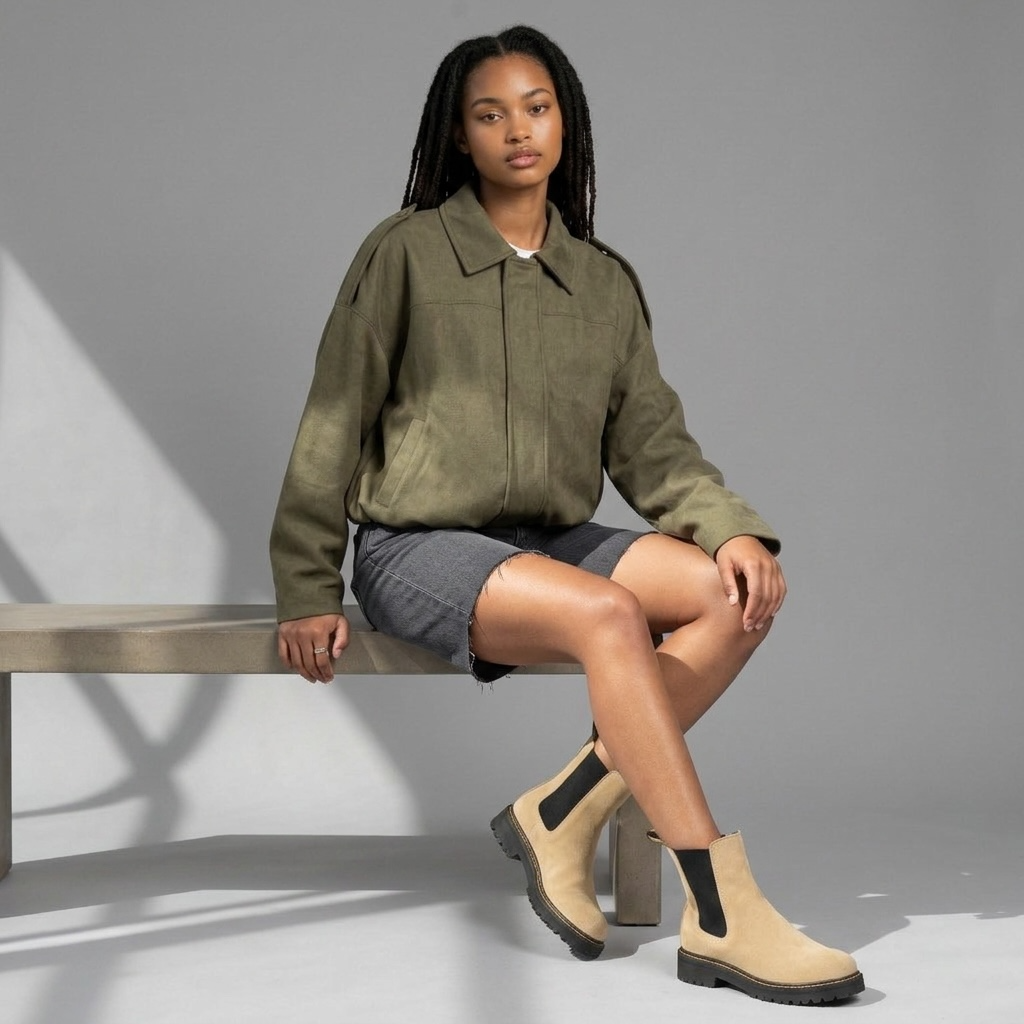 Model trägt die girlzhood Valira Jacke in Army Green mit Oversized-Schnitt, Umlegekragen und strukturierten Schultern.