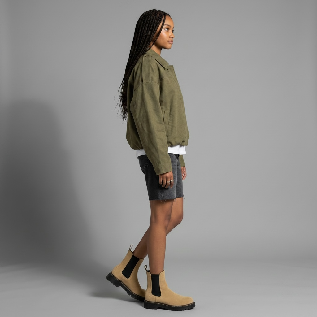 Model trägt die girlzhood Valira Jacke in Army Green mit Oversized-Passform, Umlegekragen und Reißverschluss.