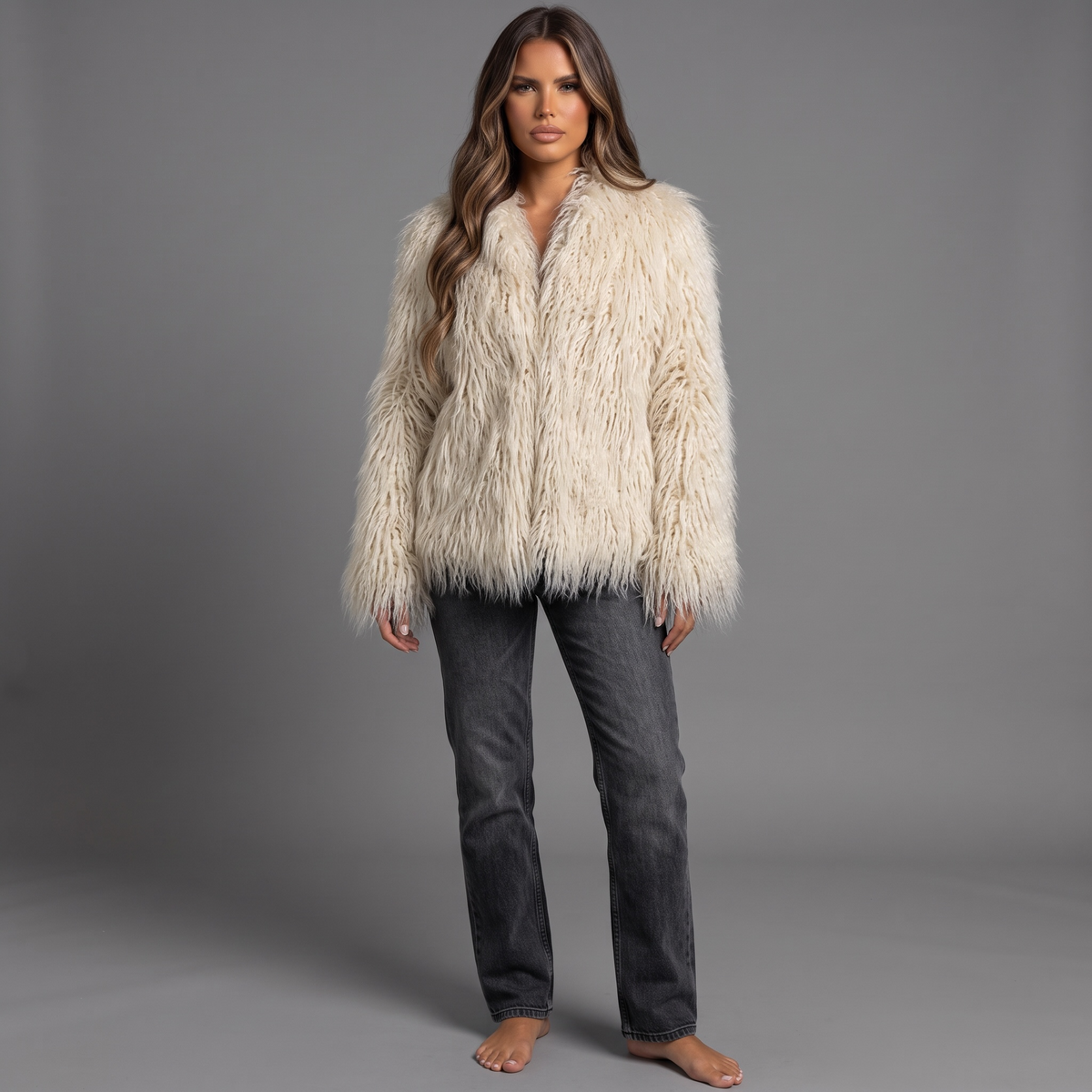 Model trägt eine cremeweiße Fuzzy Aura Kunstfelljacke von girlzhood mit lockerer Passform zu einer grauen Jeans.