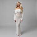 girlzhood Sunset Lounge Kleid Noellea in Weiß, schulterfreies, halbtransparentes Strickkleid mit langen Ärmeln