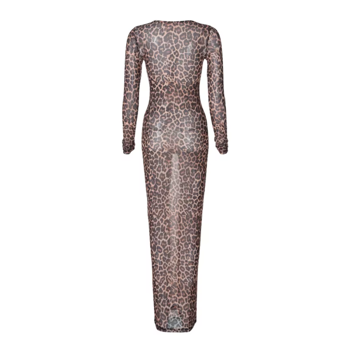 girlzhood Wildaire Maxikleid aus transparentem Mesh mit braunem Leopardenmuster, langärmlig und figurbetont