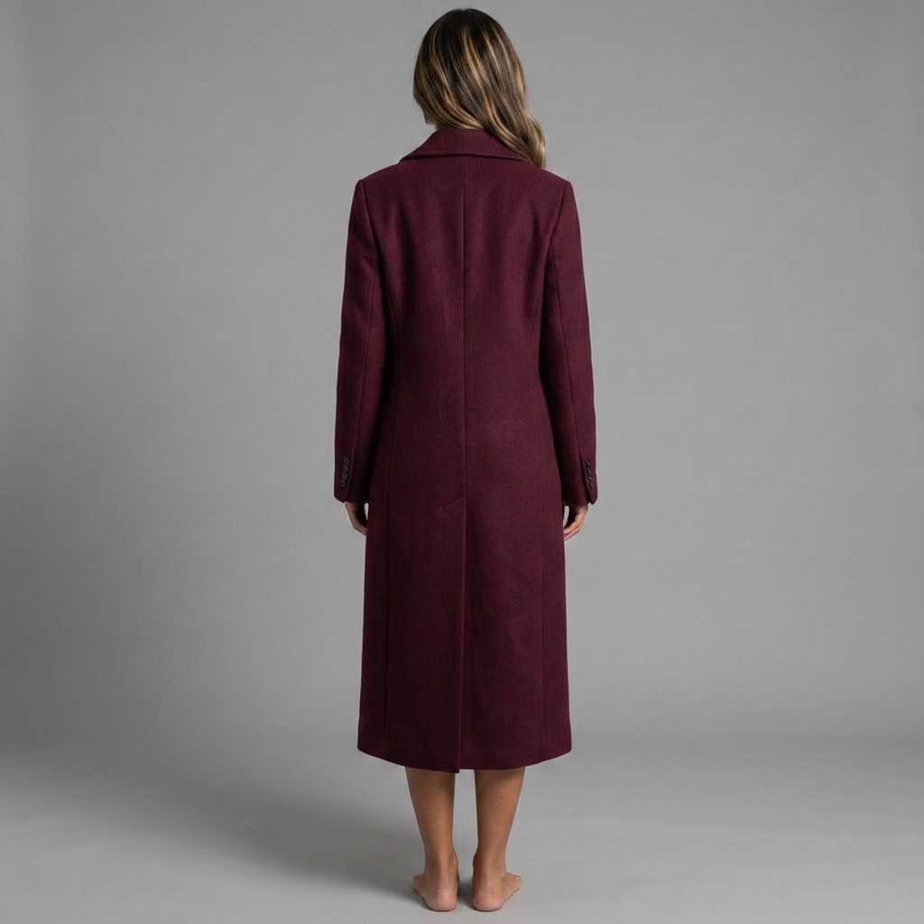Rückansicht des girlzhood Wisterelle Overcoats in tiefem Rot mit langem, figurbetontem Schnitt auf grauem Hintergrund