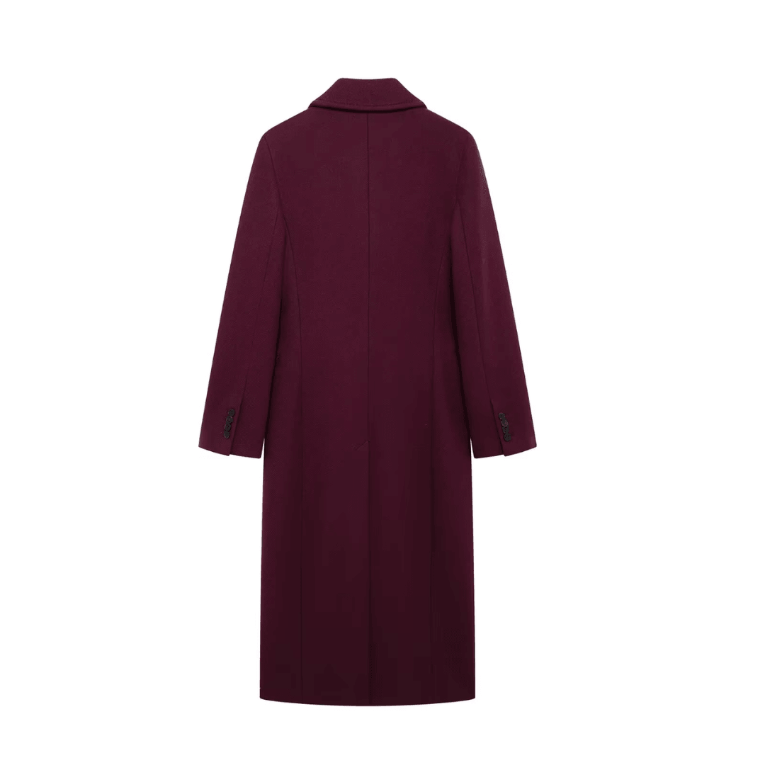 Rückansicht des girlzhood Overcoat Wisterelle in tiefem Rot mit langem, elegantem Schnitt.