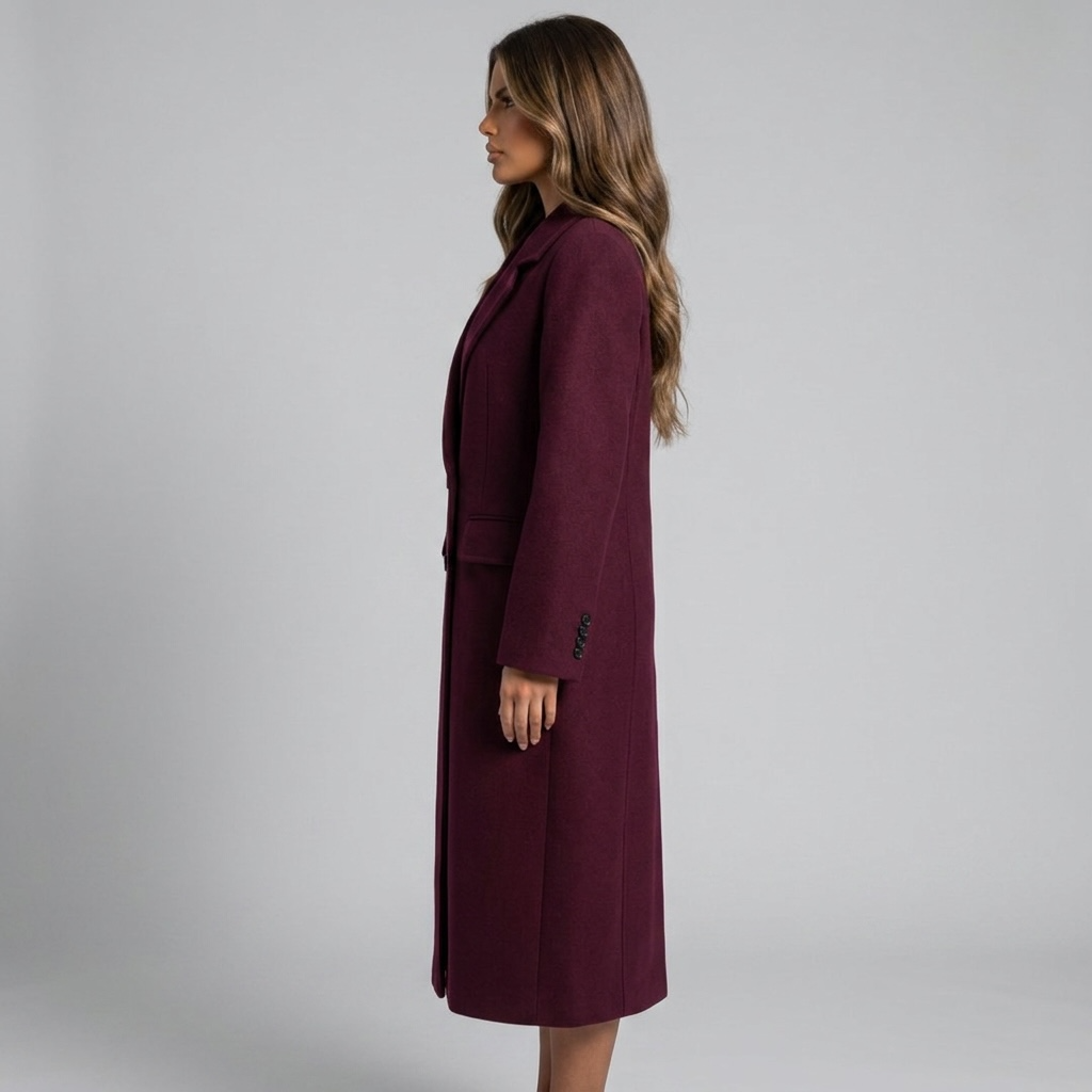 girlzhood Wisterelle Overcoat in tiefem Rot, langer, figurbetonter Schnitt mit doppelreihiger Knopfleiste