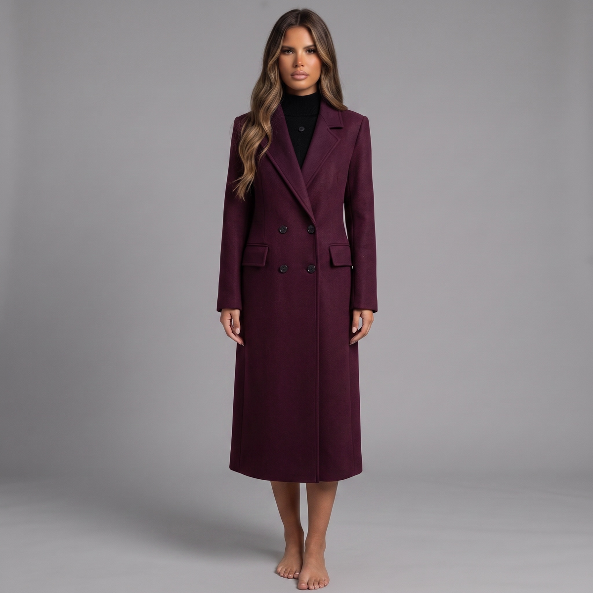 Model trägt den girlzhood Wisterelle Overcoat in Dunkelrot mit doppelreihiger Knopfleiste und langem Schnitt.